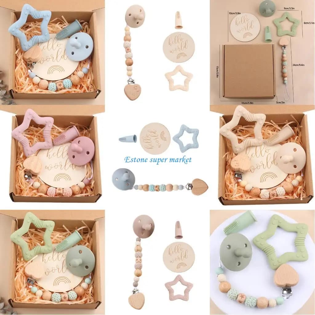 090B Il set regalo per bambini da 5 pezzi include lo spazzolino da denti giocattolo per dentizione con catenella per ciuccio in