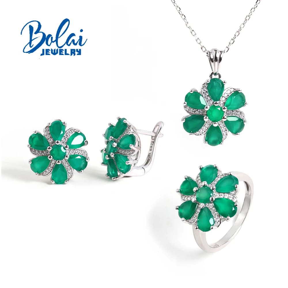 S925 Silver Jewelry Set with Natural Green Agate, Floral Design, Earrings, Ring, Pendant and Necklace, Valentine's Day Gift for Women