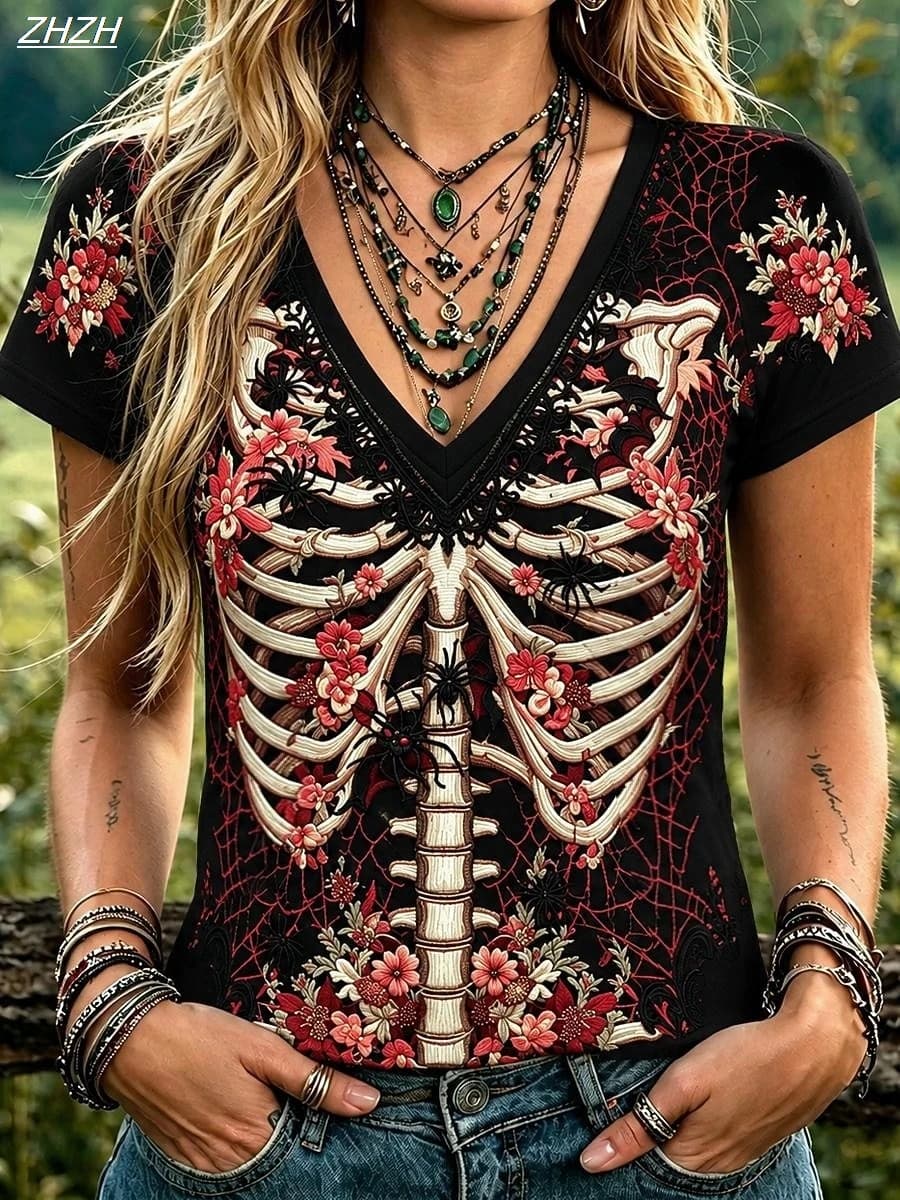 2026 Halloween Women's T Shirt Print Graphic Skeleton Vintage Stylish Casual Short Sleeve V Neck Regular