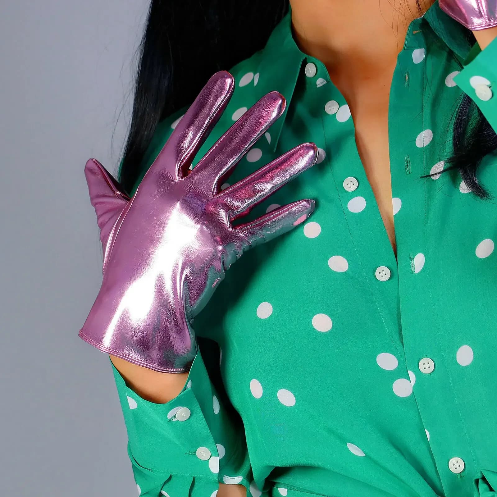 Guanti in LATEX Rosa Brillante, Finta Pelle Verniciata Lucida, 8 Pollici 21cm, Guanti Corti per Costume, Halloween, Cosplay, Moda Serale