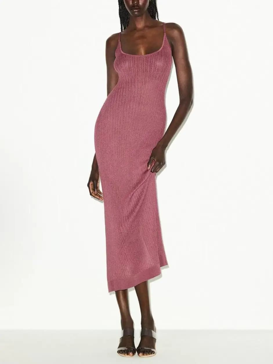 Slimming Effect Knitted Dress Back Split Waist Cinched Long Women's Fashion Spring Summer Autumn High Elasticity Cotton Modal