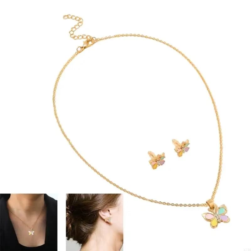 Colorful Butterfly Heart Necklace Earrings Handmade Alloy Jewelry Accessories