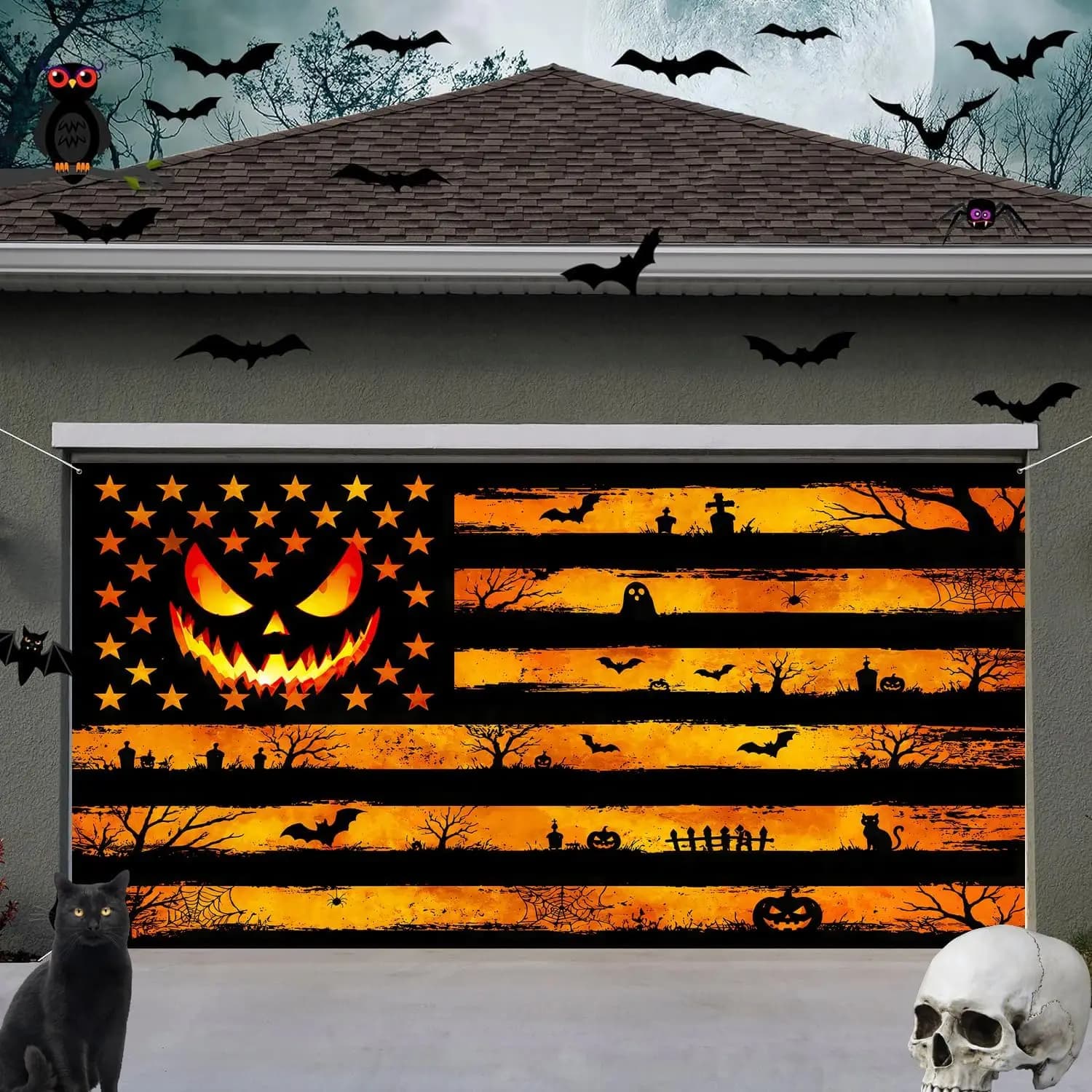 Halloween Garage Door Cover, American Flag Jack O Lantern Pumpkin Garage Door Banner, Spooky Graveyard Tree Bat Black Cat Outdoo