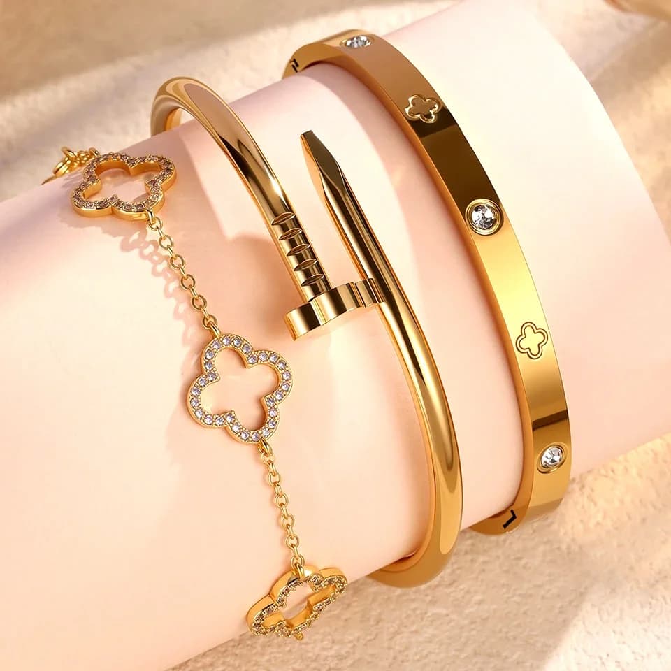 Stainless Steel Gold Plated Four-Leaf Flower Nails Stacked Bracelet Bangles Shiny Zircon Couple Jewelry Gift