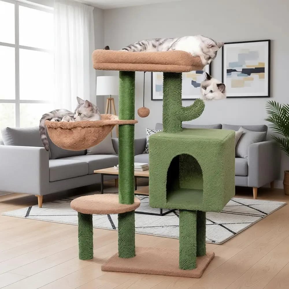 Torre per Gatti a Forma di Cactus con Tiragraffi da 32 Pollici, Casetta per Gatti, Amaca Accogliente, Letto Superiore Rimovibile e Gioco Pendente
