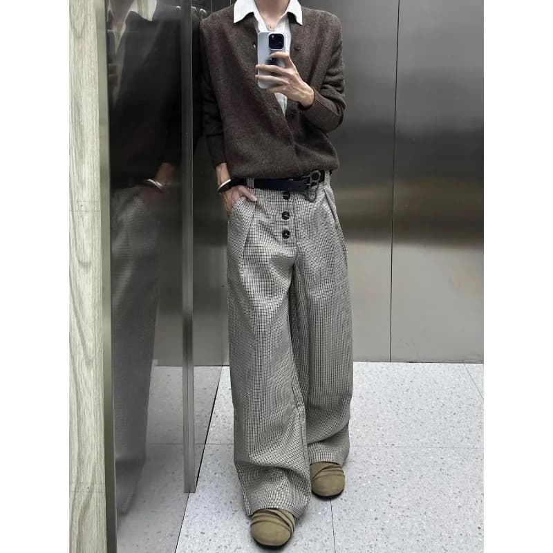 Premium Comfort Money Brown Thousand Bird Grid Pleated Breasted Ashaped Wide-leg Trousers Cleanfit Commuter Versatile Trouser