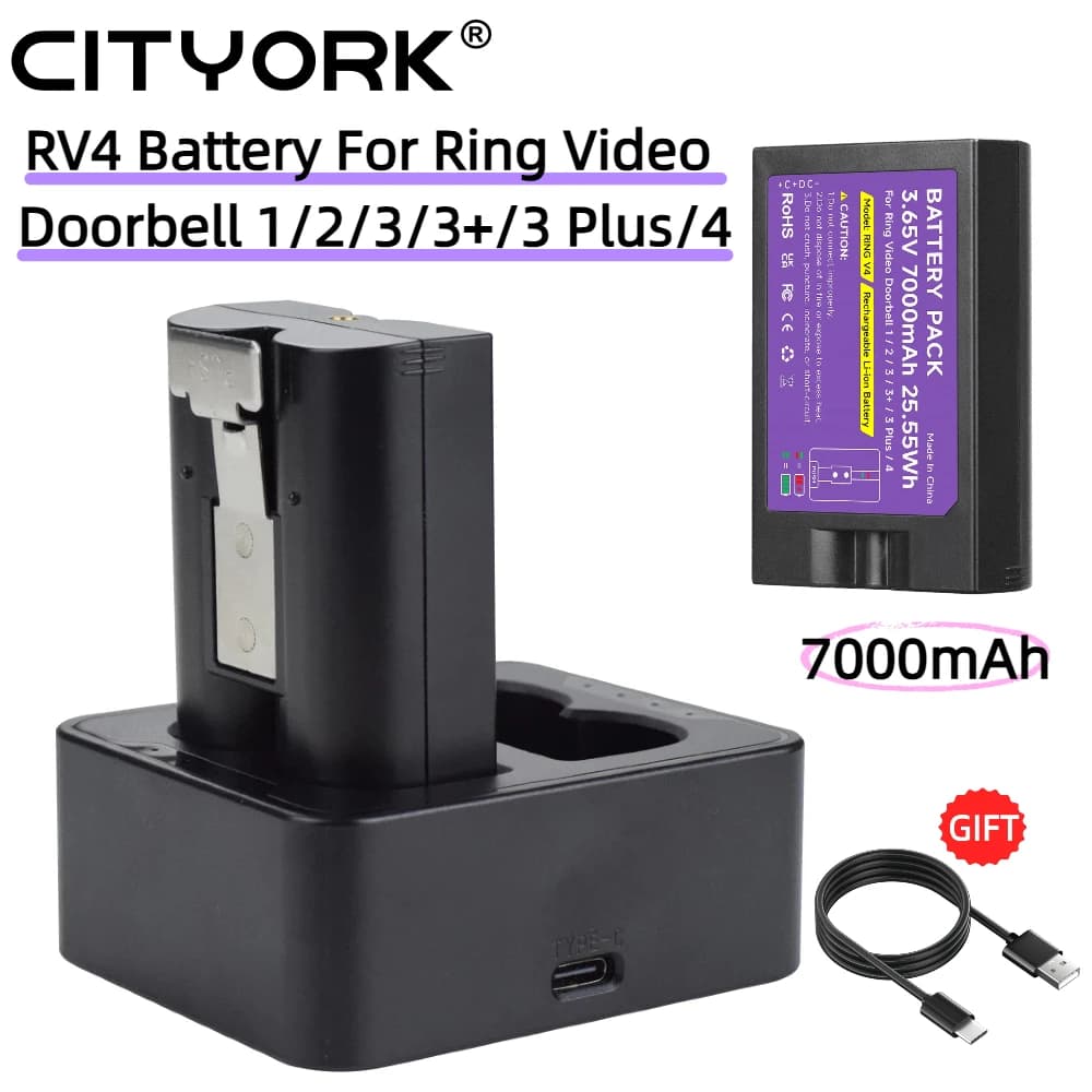 CITYORK 7000mAh RV4 Batteria PER Ring Video Doorbell 1/2/3/3+/3 Plus/4, 3.65V Cam Sostituisci la batteria ricaricabile agli ioni di litio