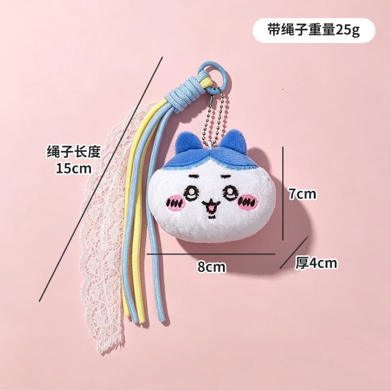 Chiikawa Plush Keychain With Colorful Ribbon Cute Hachiware Usagi Cartoon Head Fluffy Bag Pendant Soft Stuffed Doll Keychain