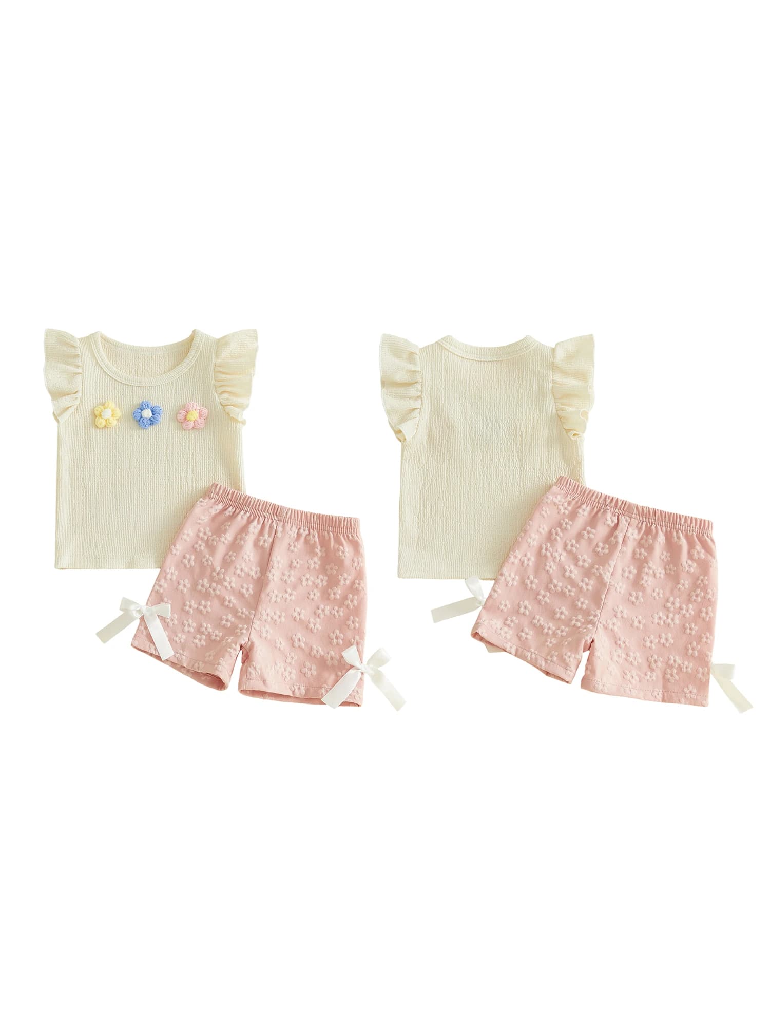 Adorabile set di t-shirt e pantaloncini con stampa floreale per bambina, con maniche arricciate e collo rotondo, per abiti estivi, 2 pezzi
