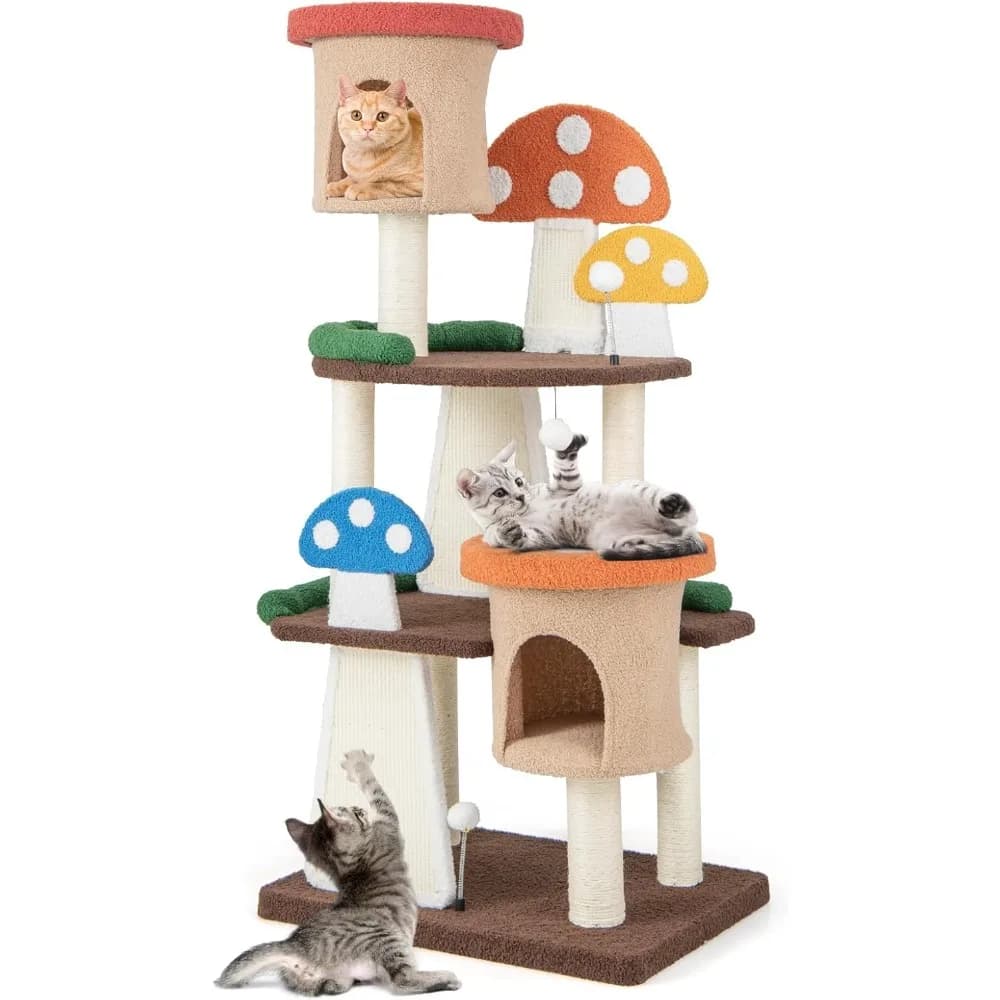 Albero per gatti a fungo Tangkula, torre per gatti carina multilivello con pali in sisal completamente avvolti, tiragraffi e palline interattive, 2 C