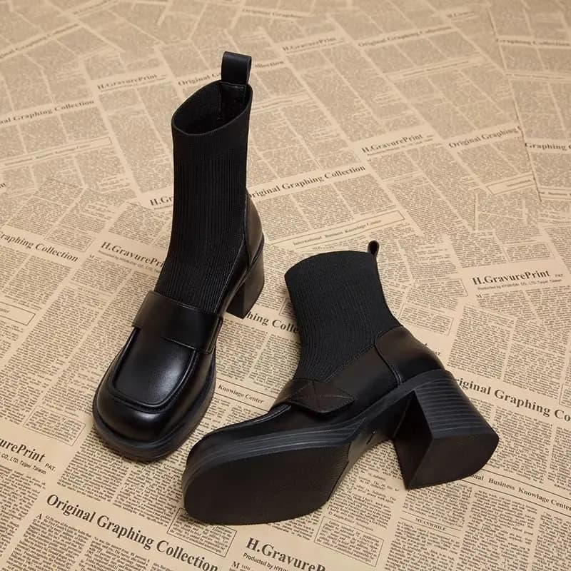 Stivaletti da donna autunno e inverno con calzini in velluto, scarpe nuove 2026, mocassini elasticizzati con tacco alto in maglia