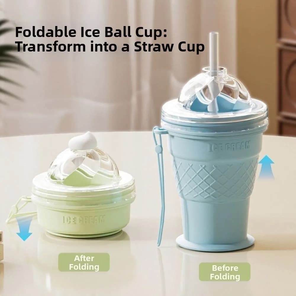 Bicchiere pieghevole 2 in 1 per palline di ghiaccio, design a forma di gelato, bottiglia per acqua con cubetti di ghiaccio a tenuta stagna, facile da sformare, multifunzionale