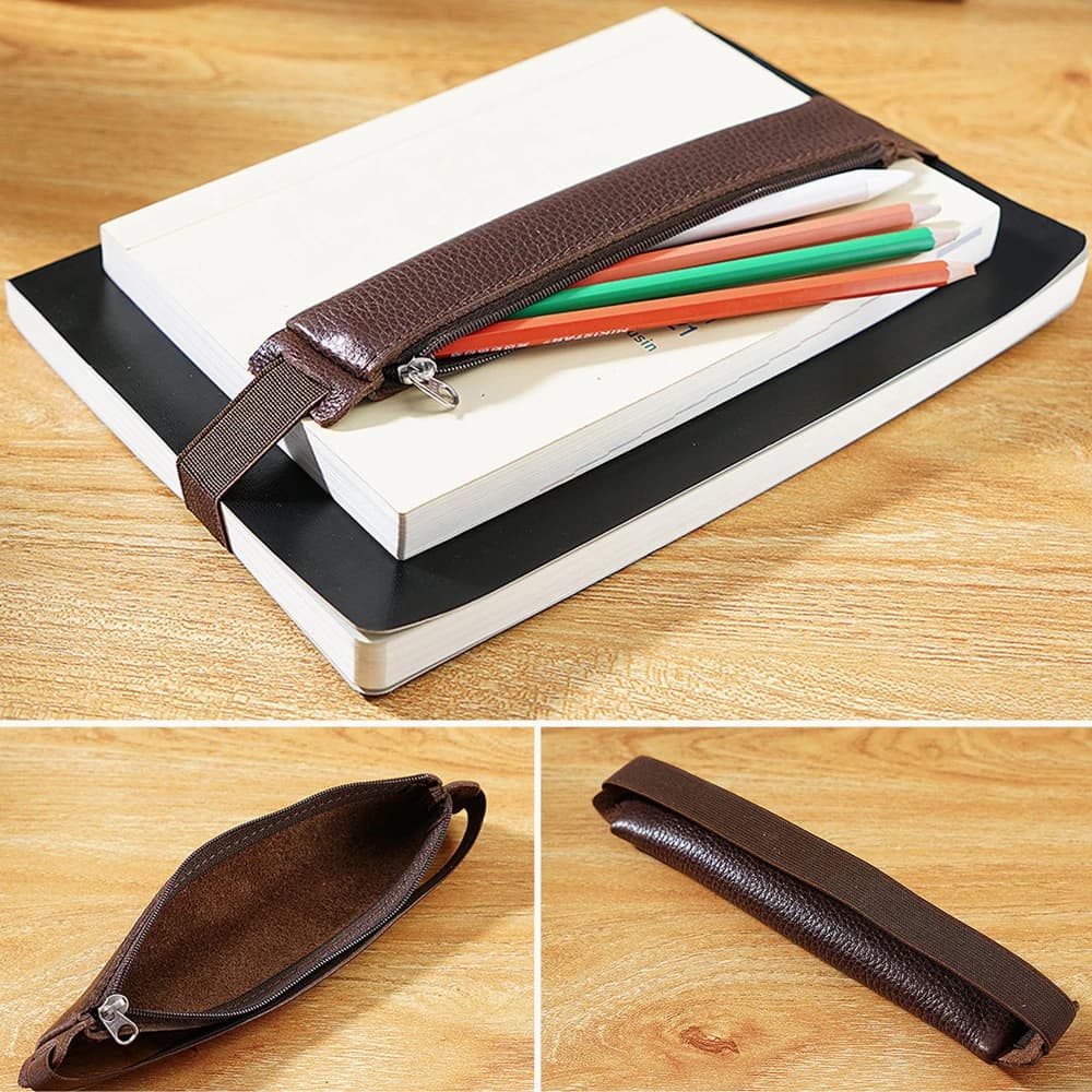 Vintage Leather Pen Pouch with Secure Strap Attaching to Books Notebook Multi-Functional Pencilcase Portable Cowhide Pencil Case