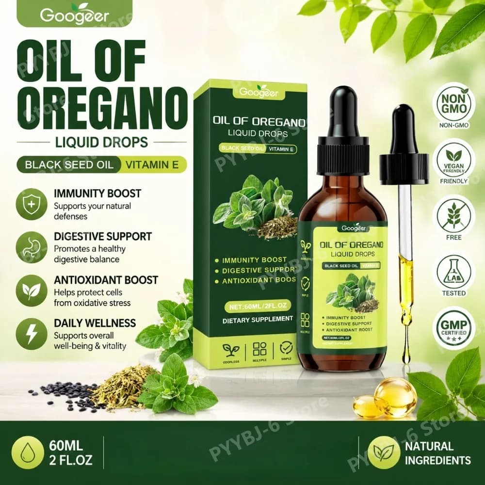 Olio di Origano in Gocce con Olio di Semi Neri e Vitamina E, Integratore Naturale a Base di Erbe per Supporto Immunitario, Digestivo e Antiossidante, 60ml