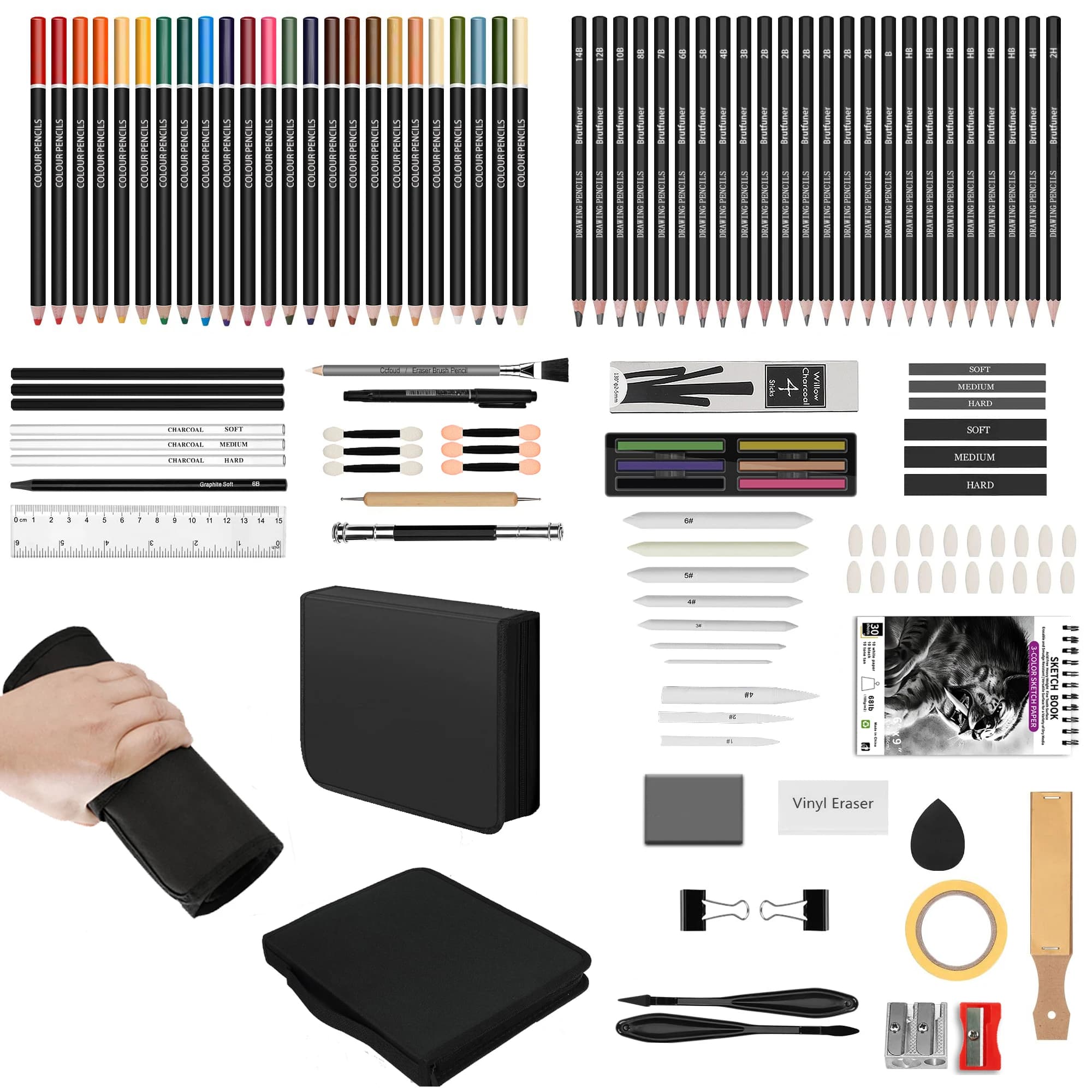 29/44/60/70/126 PCS Pro Drawing Kit, Complete Sketching Set Featuring Charcoal Sticks, Sketch Pencils & Essential Art Tools, Ideal for Shading, Portrait Drawing & Art Projects