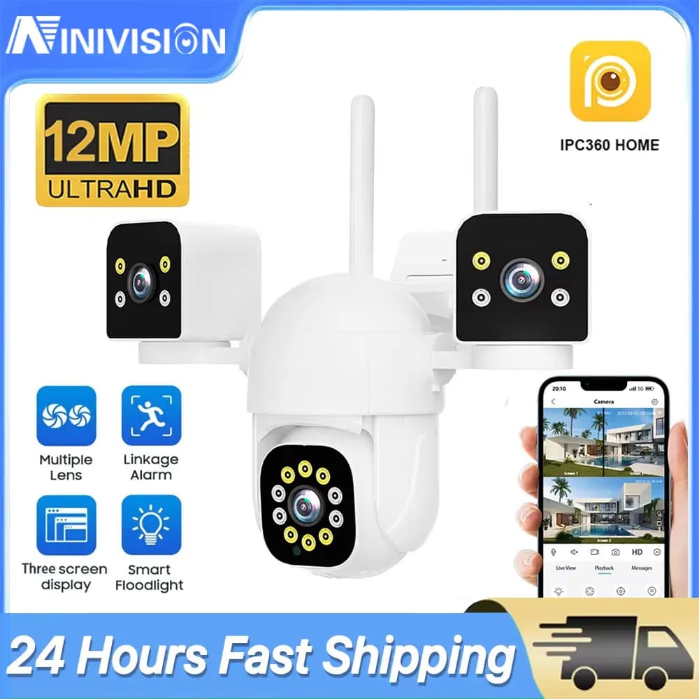 WiFi 6K 12MP External Security Camera with 3 Lens, 3 Screens, Movement AI Tracking, PTZ 4K, IPC360 Home