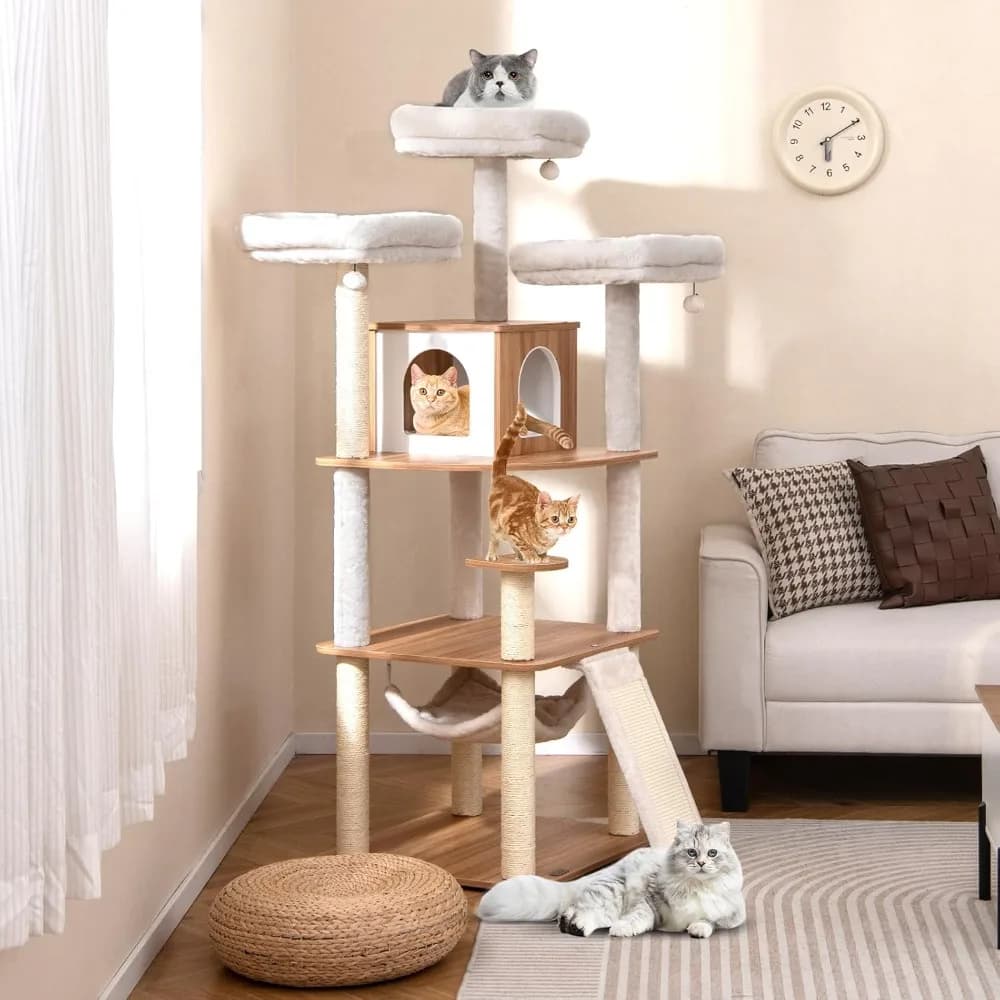 Albero per gatti alto Tangkula, legno moderno da 68 pollici, tiragraffi in sisal, tre posatoi imbottiti Condo