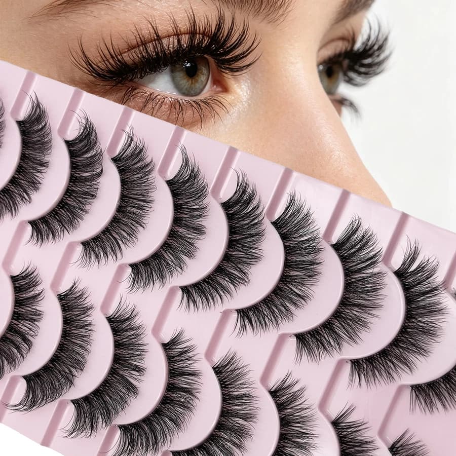 10 paia di ciglia finte con stelo trasparente 3D, naturalmente soffici e spesse, con curvatura a lunga durata e senza perdita di volume, leggere.