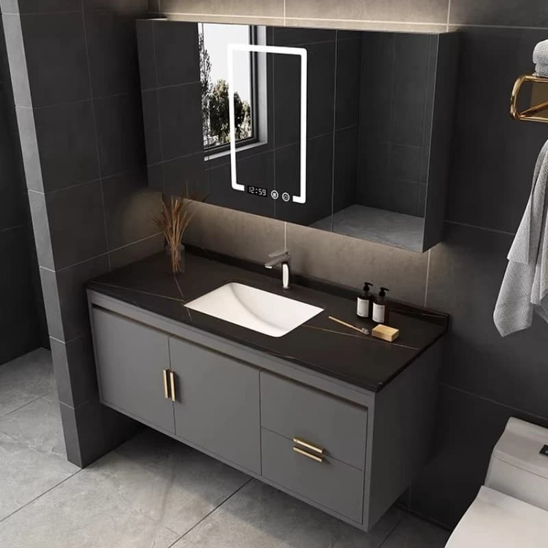 Combinazione di mobiletto da bagno in ardesia con specchio intelligente e lavabo