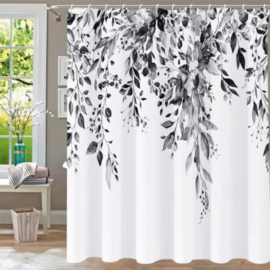 Shower Curtain Black and White Shower Curtains for Bathroom, Watercolor Leaf Shower Curtain Sets Waterproof Plant Eucalyptus Sh