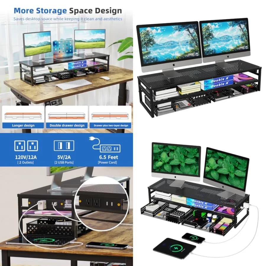 Supporto per Monitor a 2 Livelli in Metallo con USB 2.0 e Porta di Ricarica, Organizzatore da Scrivania per Computer con 2 Cassetti
