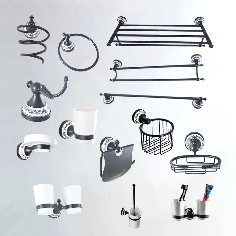 Set di accessori per il bagno a parete in ottone lucidato a olio nero, portasciugamani per accessori da bagno azh133