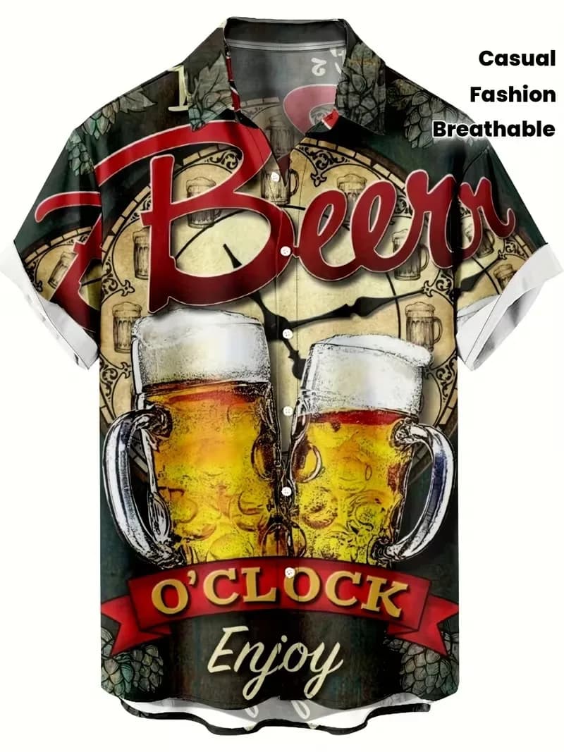 Camicia hawaiana da uomo con stampa birra e grano, a maniche corte, casual, con bottoni, con grafica di boccale di birra, per feste e vacanze