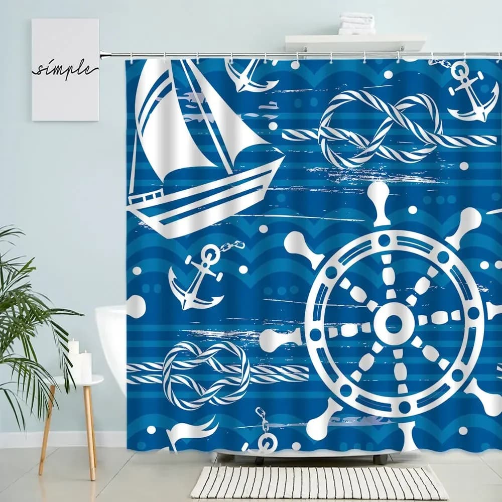 Tenda da doccia a tema nautico del fumetto tenda da doccia per bambini bagno barca ancora nave Ocean Wave sfondo blu tende da bagno in poliestere per bambini