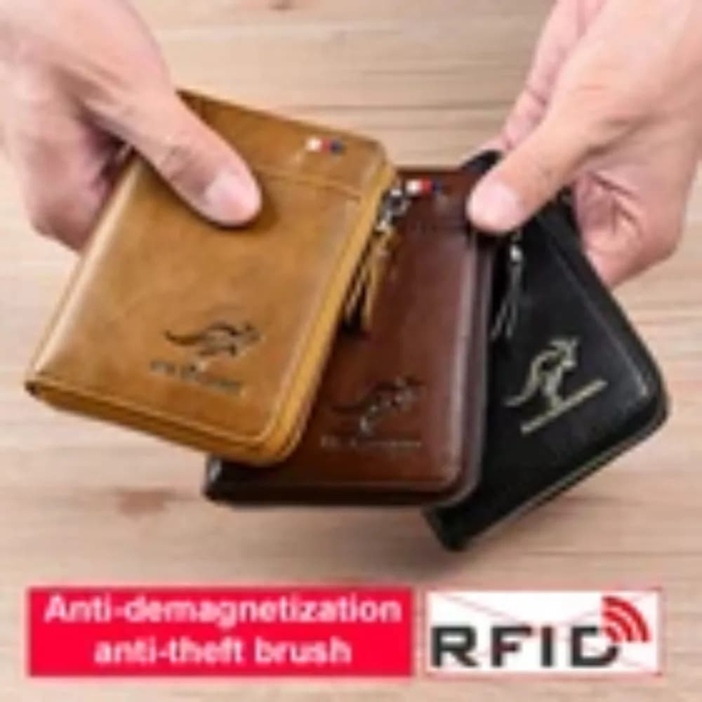 Portafoglio da uomo in pelle con blocco RFID, porta carte di credito e documenti, con cerniera, impermeabile
