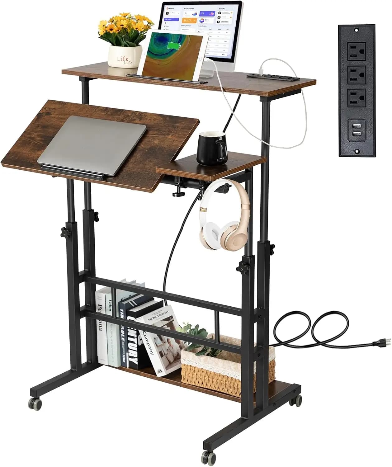 Mobile Standing Desk Adjustable Height, Rolling Desk Stand Up Desk, Mobile Laptop Desk, Rolling Computer Desk with Charging Stat