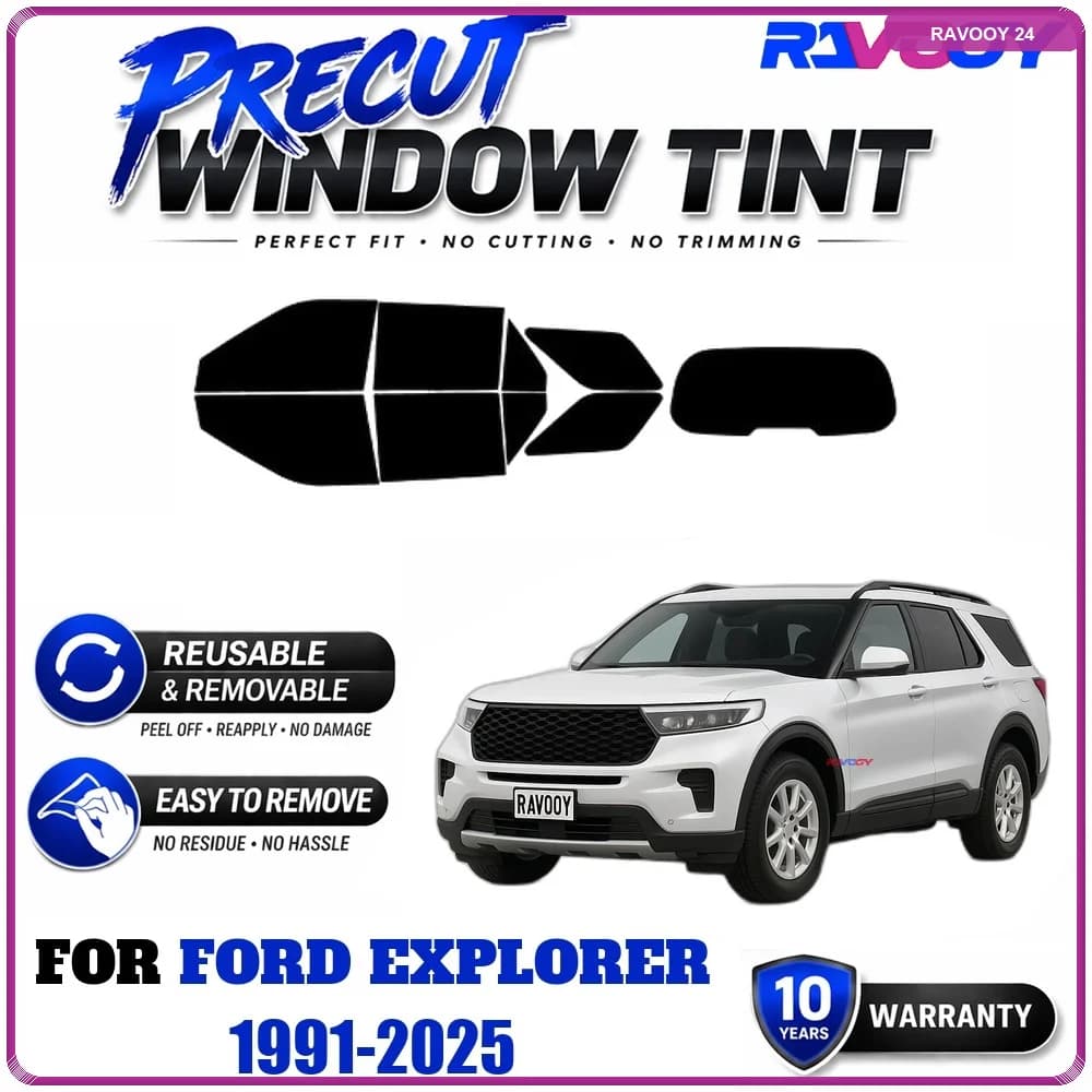 RAVOOY Precut Window Tint, Reusable Removable EPU Film, Custom Fit for Ford Explorer 1991-2025, UV Heat Protection