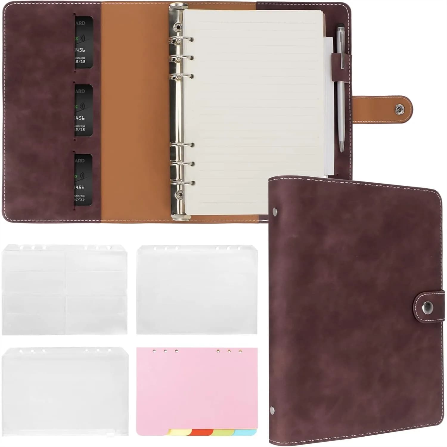Agenda Ricaricabile A5 con Raccoglitore a 6 Anelli, Diario in Pelle PU con Tasche e Divisori, Marrone Scuro