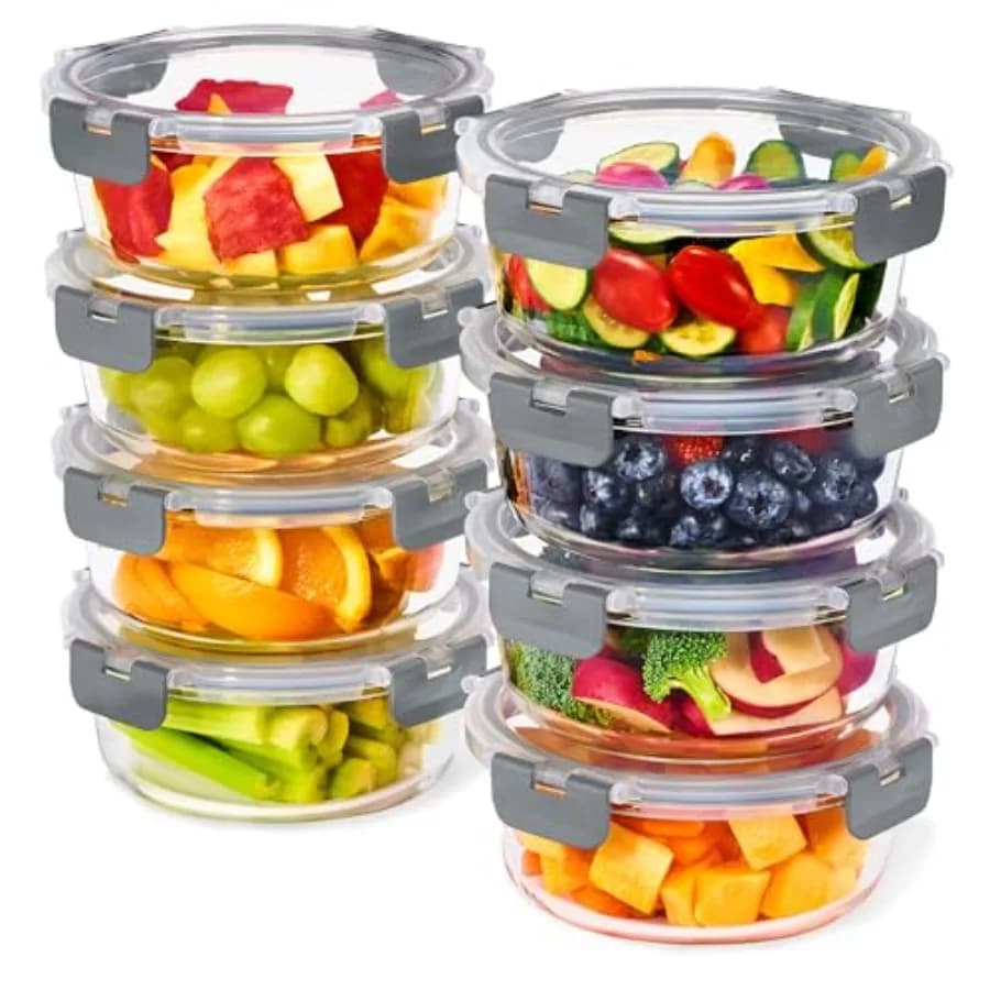 Set di 16 Contenitori in Vetro per Preparazione Pasti, 8 Contenitori Rotondi da 32oz con Coperchi Ermetici, Adatti per Freezer, Lavastoviglie e Forno, Contenitori per Alimenti Riutilizzabili