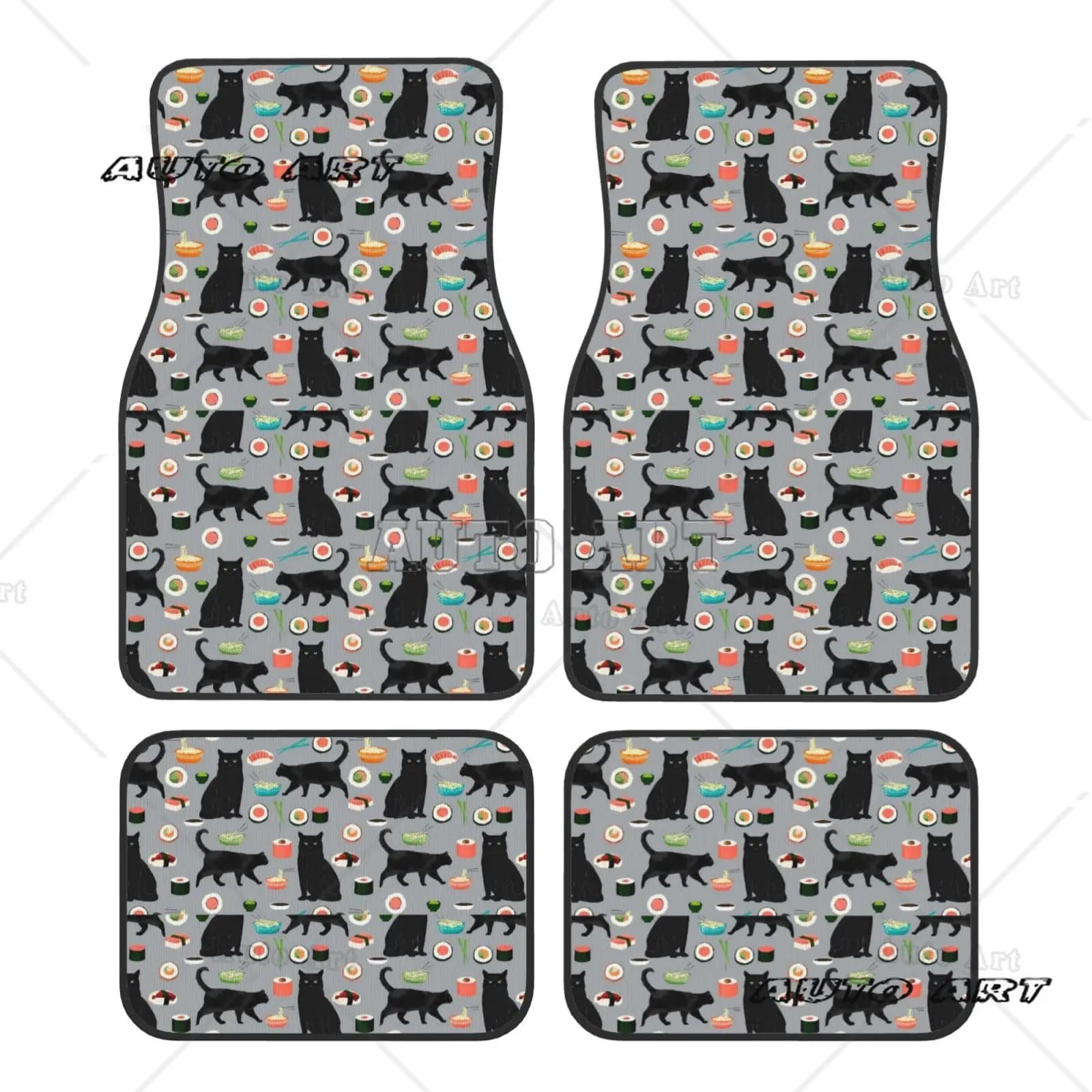 Set di tappetini per auto con motivo gatto e cibo - 4 pezzi - Adatto a tutte le stagioni - Accessori universali per tappetini per auto