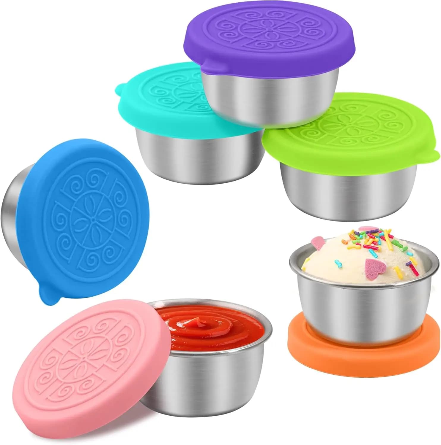 Set di 6 Contenitori per Salse in Acciaio Inox a Prova di Perdite per Pranzo, Viaggi e Preparazione Pasti