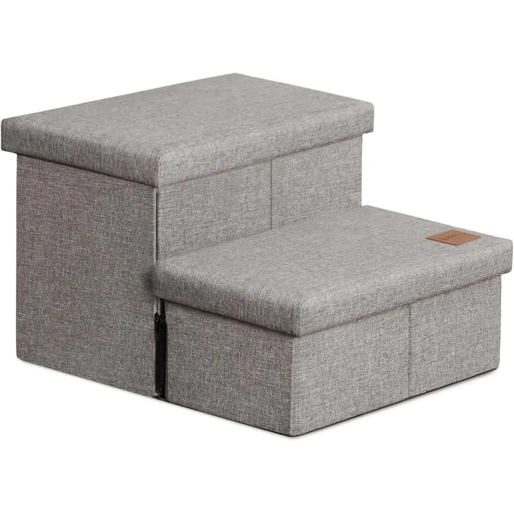 Pet Stairs with Storage 13 H, Foldable for Small Medium or Large Dogs, Cat Puppy Steps up to 150 lbs, Solid Grey, 2 Steps