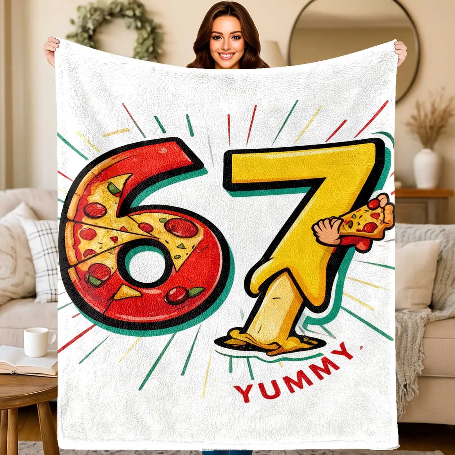 67 Pizza Digital Food Pattern Flannel printed blanket suitable for all seasons suitable for living room office sofa and travel