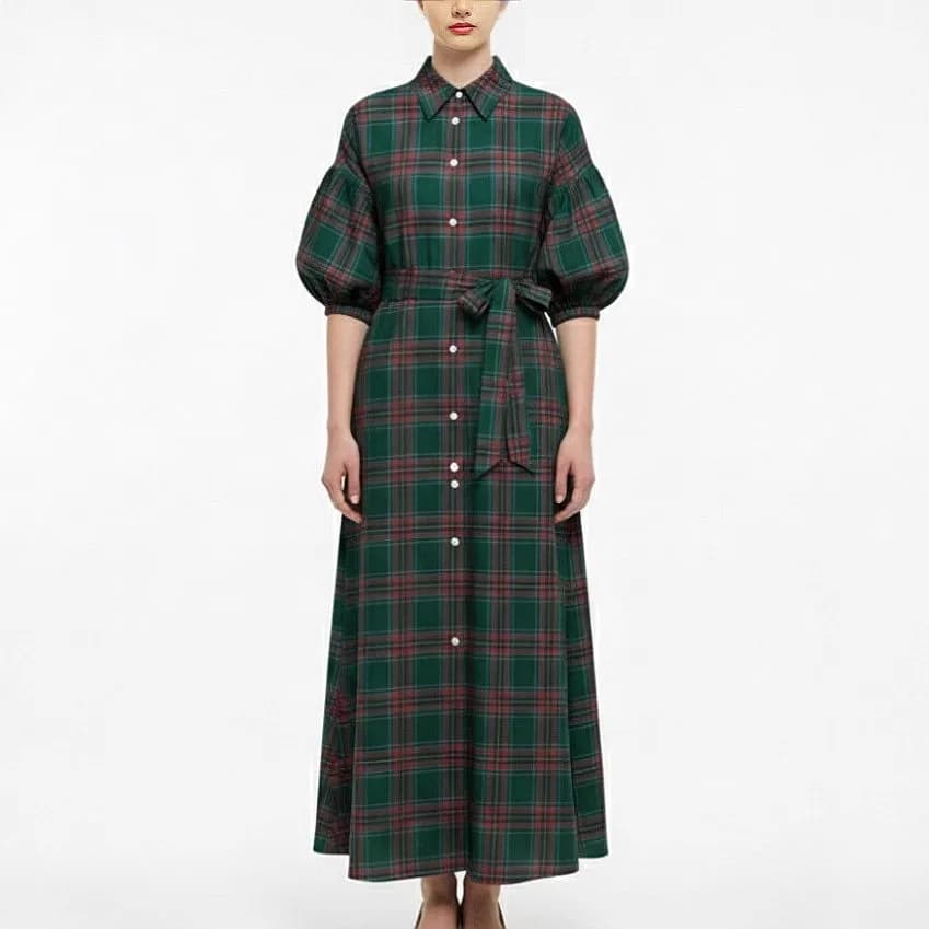 Christmas Green Red Plaid Long Sleeve Dress Shirt Blouse Top Dresses Matching Set Evening Dress Spring Summer
