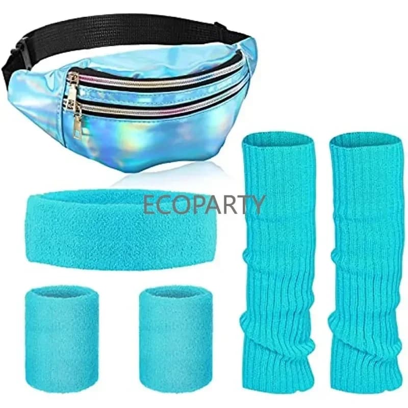 6pc anni '80 donna scaldamuscoli al neon set marsupio olografico scaldamuscoli in maglia braccialetti per yoga corsa escursionismo viaggi