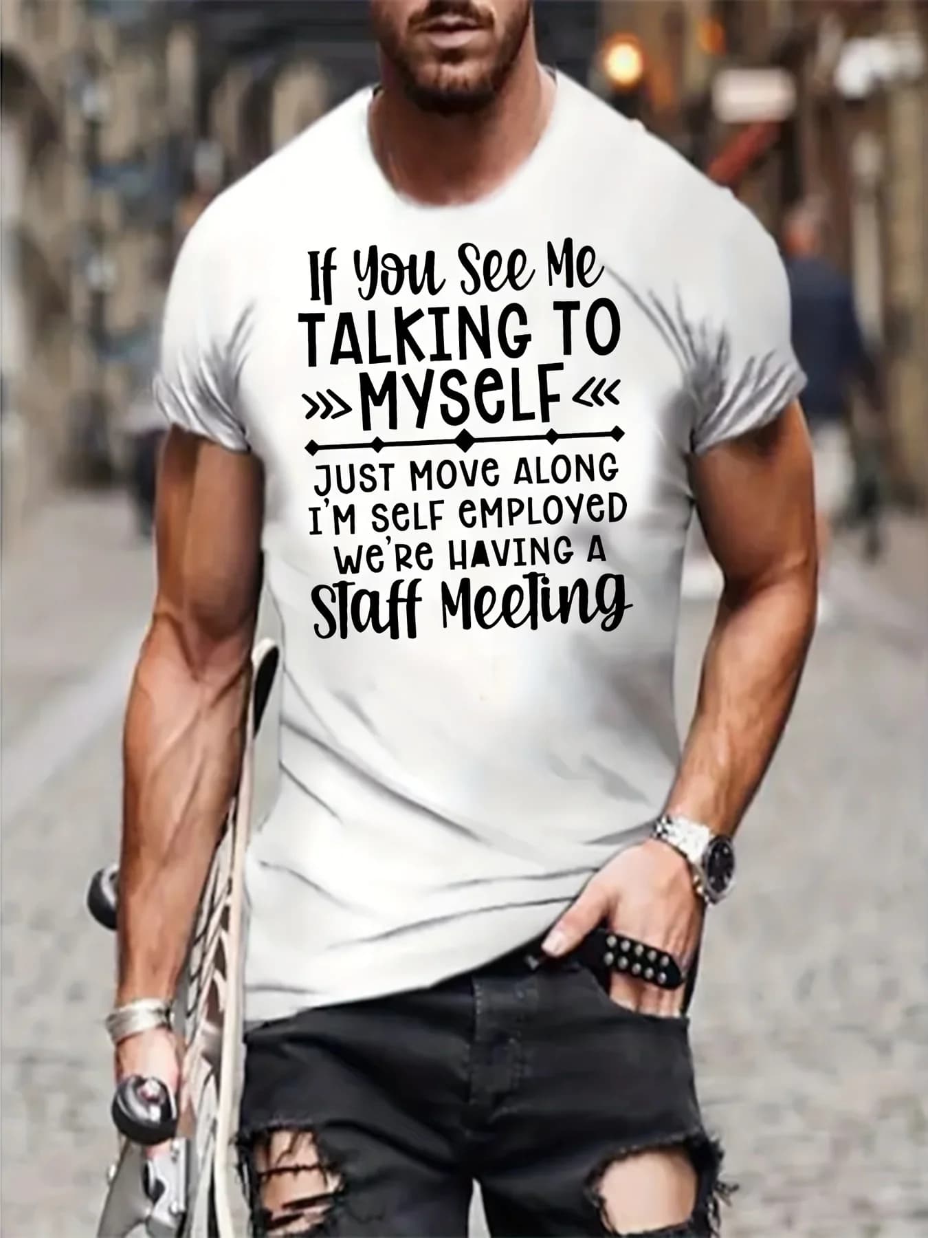 Men's casual t-shirt, with personalized letter print, crew neck, comfortable and fashionable.