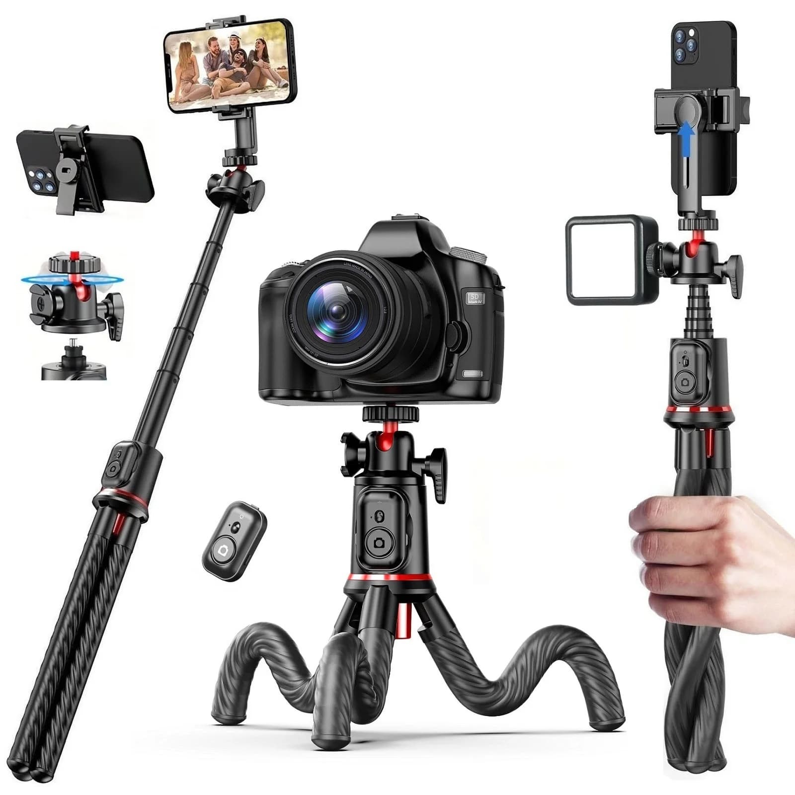 Flexible 360 Ball Head Portable Travel Selfie Stick Tripod Cell Phone Stand for Iphone Live Streaming Vlogging