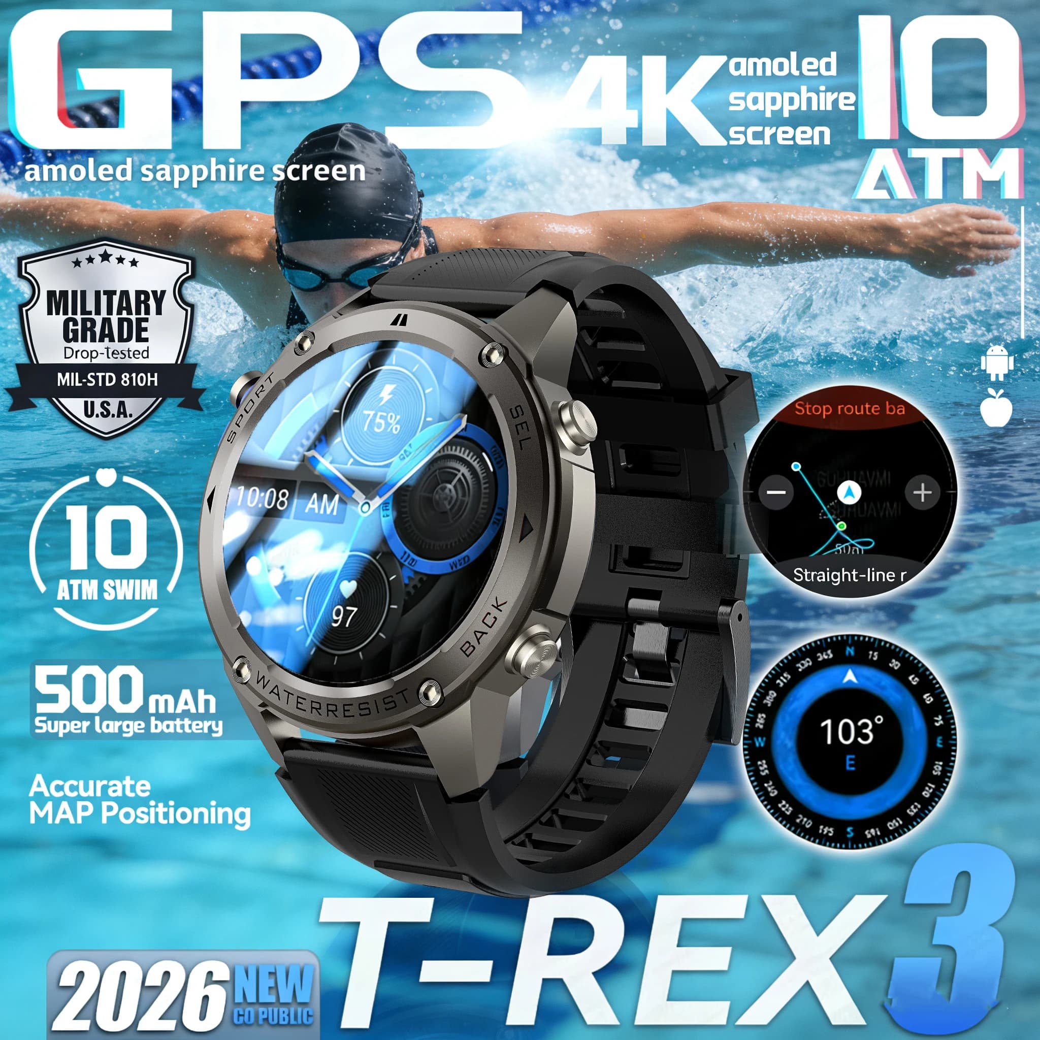 2026 New Military T-Rex310ATM GPS Waterproof Sport SmartWatch for Men 1.43 "Tela AMOLED con Bussola Altimetro BT Functi