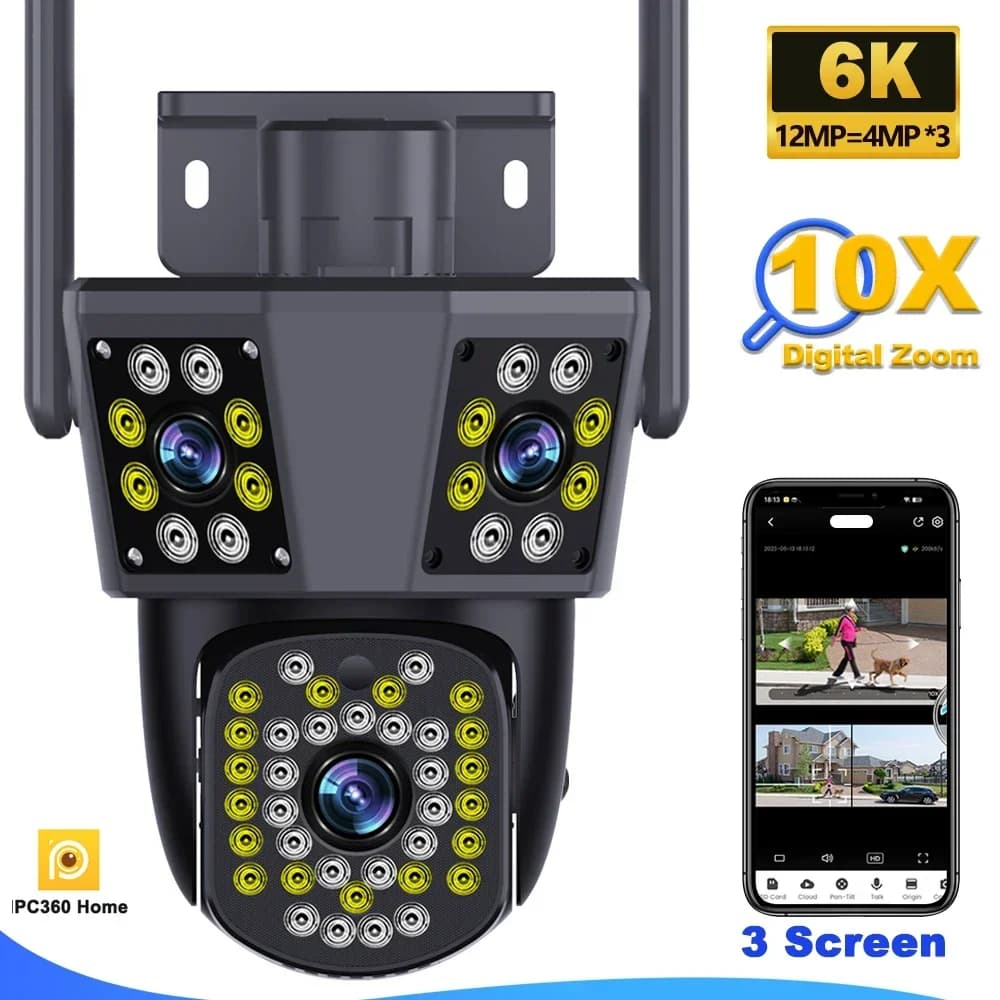 6K 12MP WiFi Telecamera Esterna 10X Zoom di Sicurezza CCTV Triplo Obiettivo Triplo Schermo Ai Track Mini Videocamera di Sorveglianza IPC360 Casa