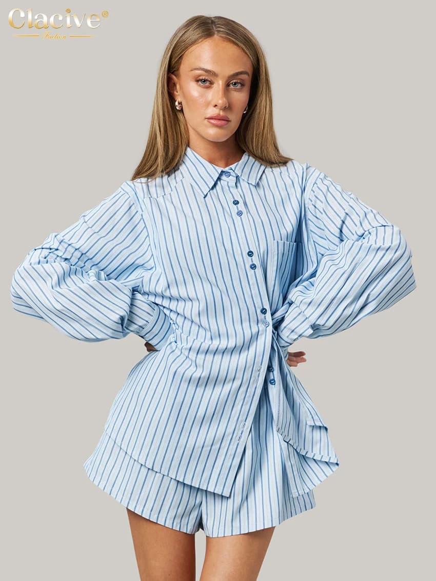 Clacive Fashion Loose Stripe Print 2 Piece Sets Women 2026 Elegant Long Sleeve Blouse With High Waist Shorts Set Female Clothing