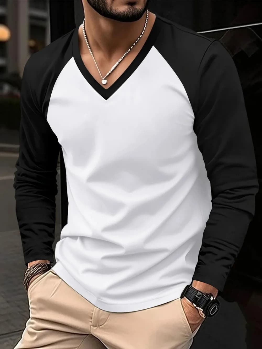 Black and White Simple Versatile 3D Printing Men's V-neck Spring-Autumn Clothing Loose Breathable Quick-Dry Outdoor Sports Shirt