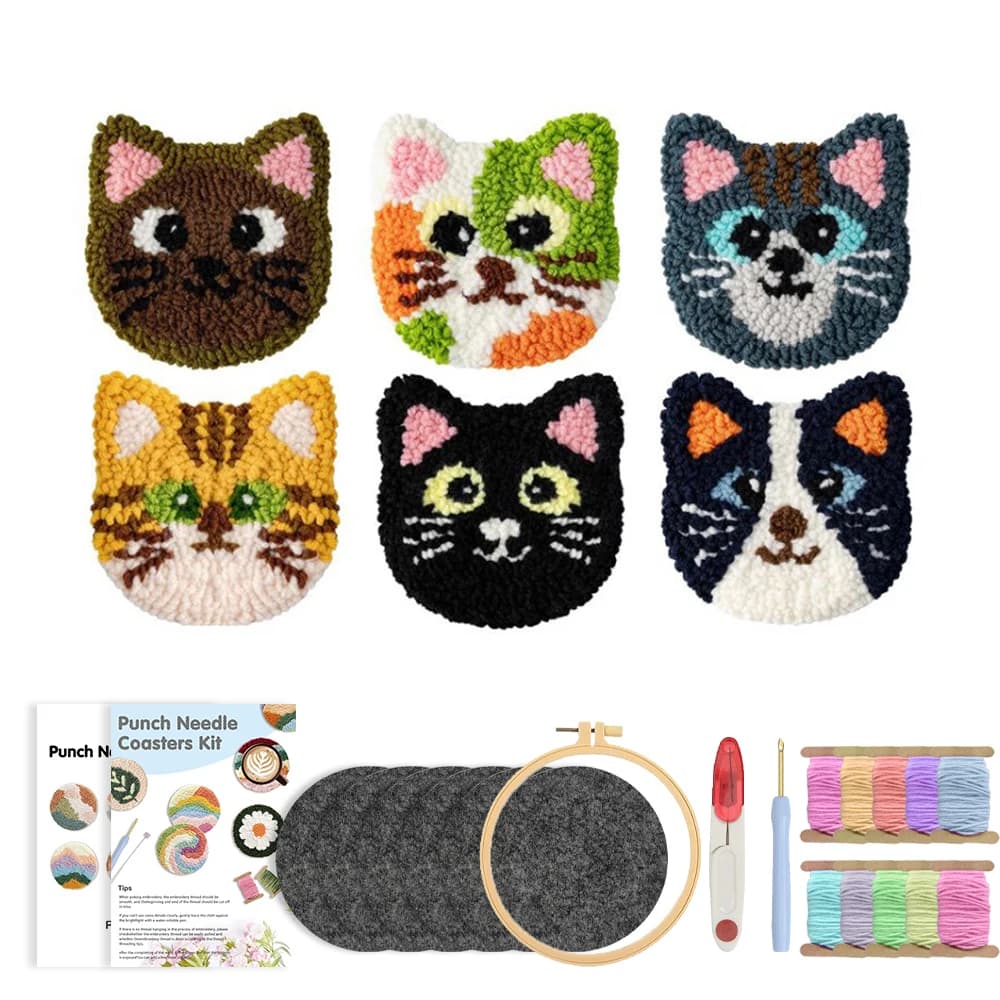 RUOPOTY 6pcs Punch Needle Coaster Various Types Of Cats Diy Needle Punch Kit Modern Craft Kits Animal Punch Needle Starter Kit