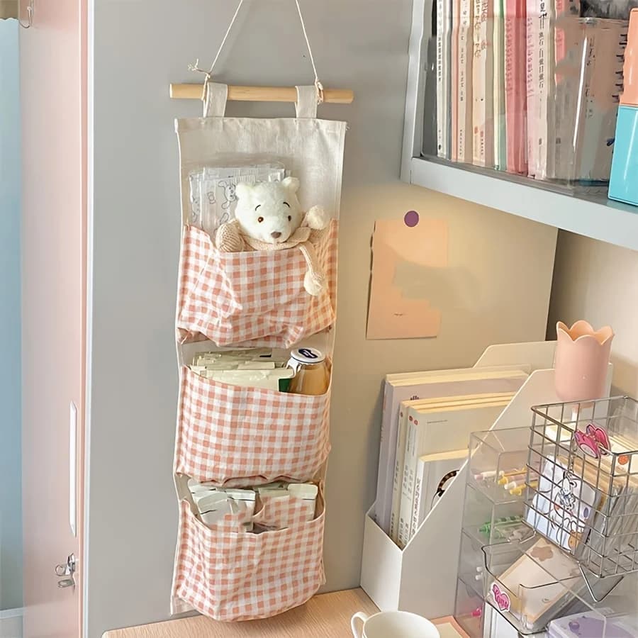 Pink Storage Bag Rack Canvas Wall Mounted Bedroom Storage Bag Multifunctional for Books, Jewelry, and Miscellaneous Items,