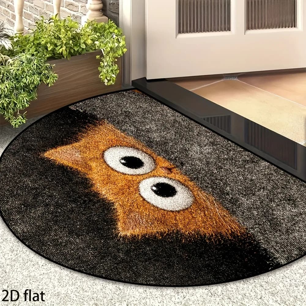 Peeking Cat Rug Funny Big Eyes Half Round Doormat NonSlip Felt Welcome Mat for Front Door Entrance Spoof Animal Home Decor