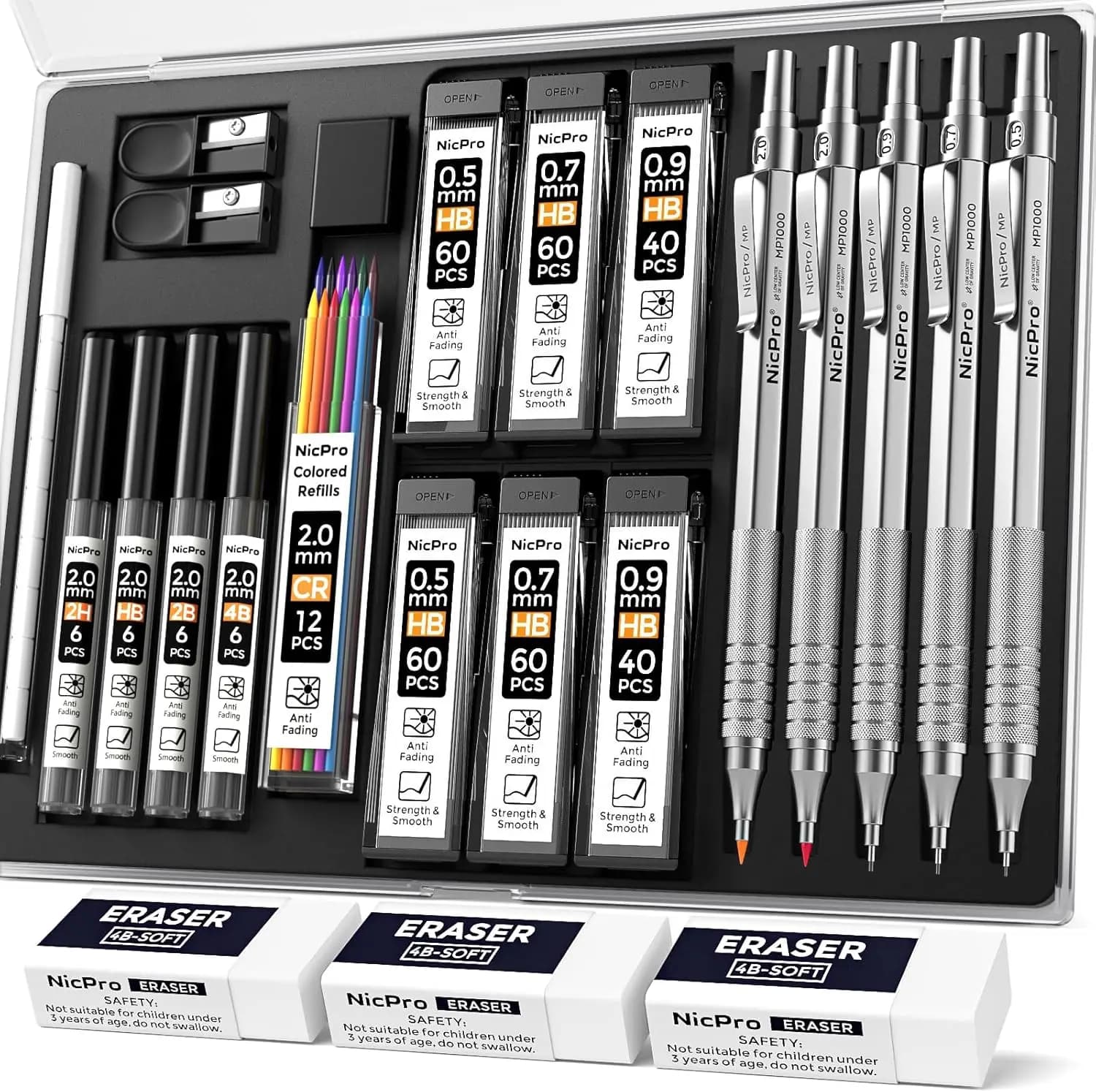 Set di 22 Matite Meccaniche in Metallo con Astuccio, Matite e Mine da 0.5-2.0mm per Disegno, Scrittura e Schizzi