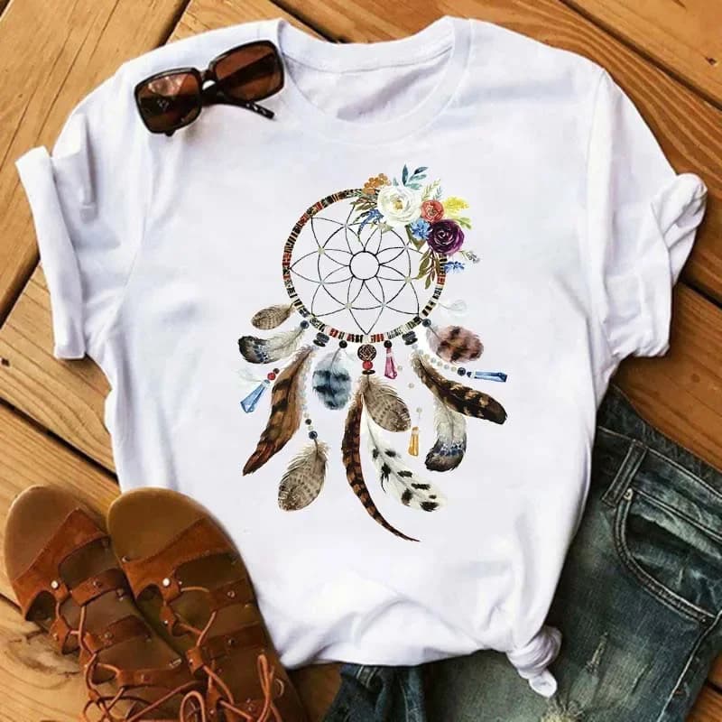 Fashion Dreamcatcher Feather T Shirts for Maycaur Women Short Sleeve T-shirts Lady Tshirts 90s Baby Tees Y2K Tops